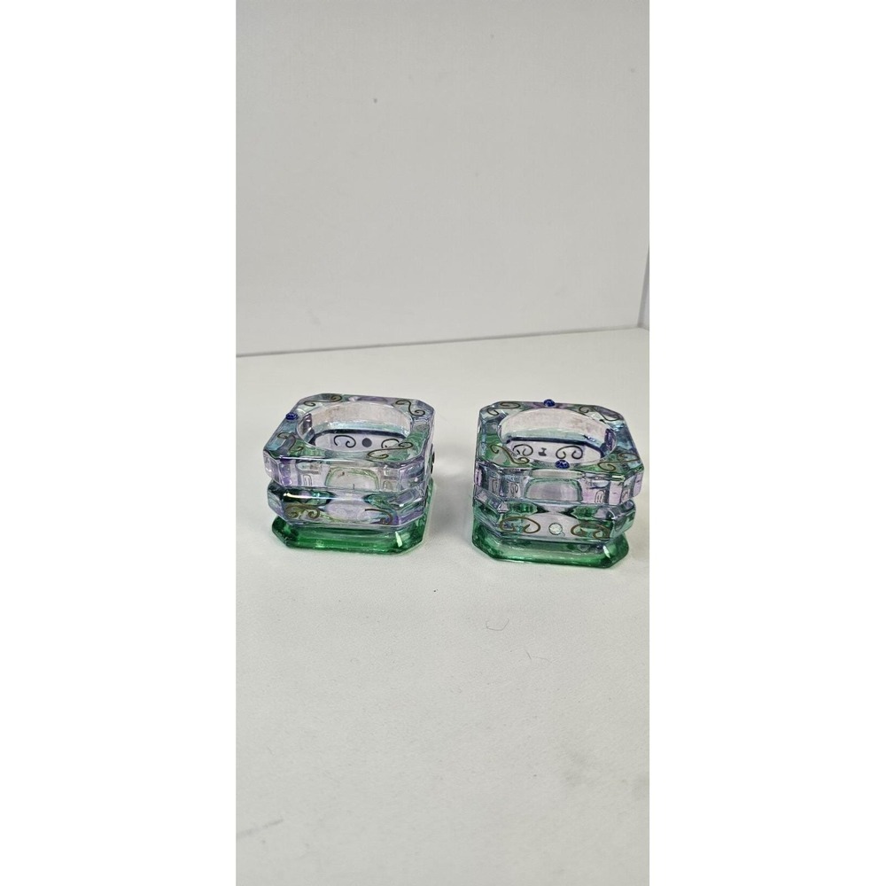 PartyLite Mardi Gras Tealight Holders‎ Pair P7271 Purple Green Jeweled Votive